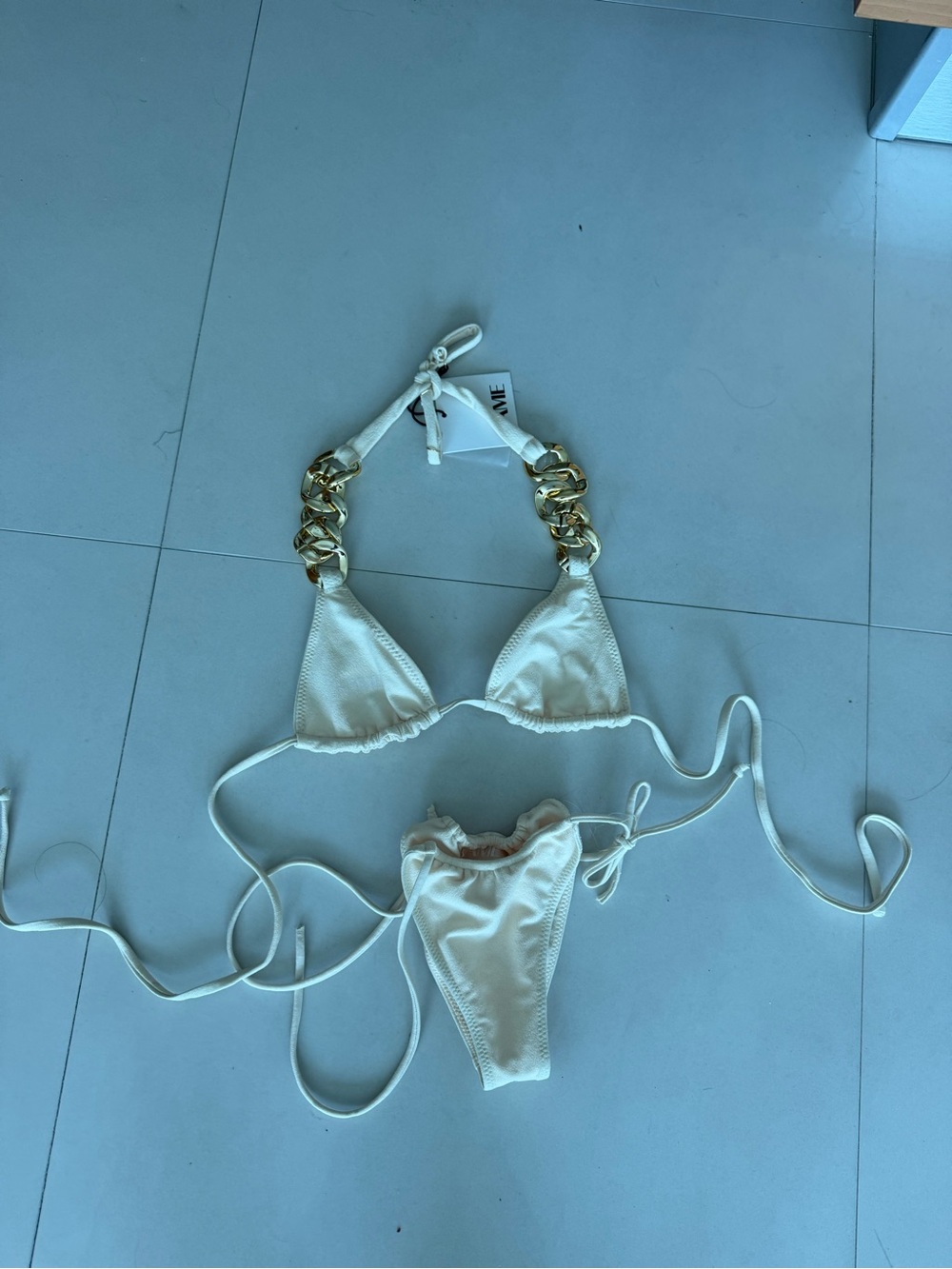 Cream Triangle Bikini with Gold Chain Halter Detail